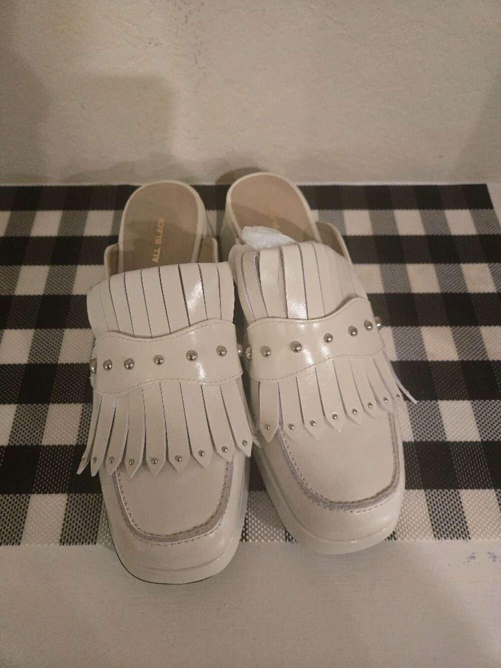 ALL Black white fringe mules